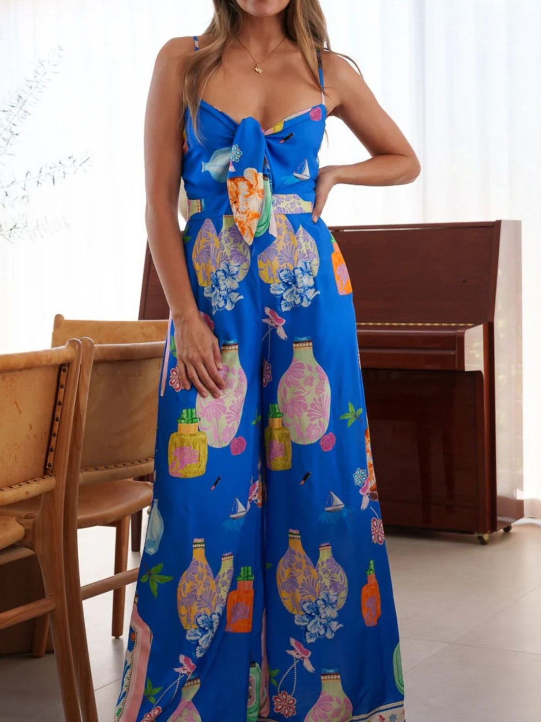 Printed Tie-Front Wide Leg Jumpsuit - cas7m