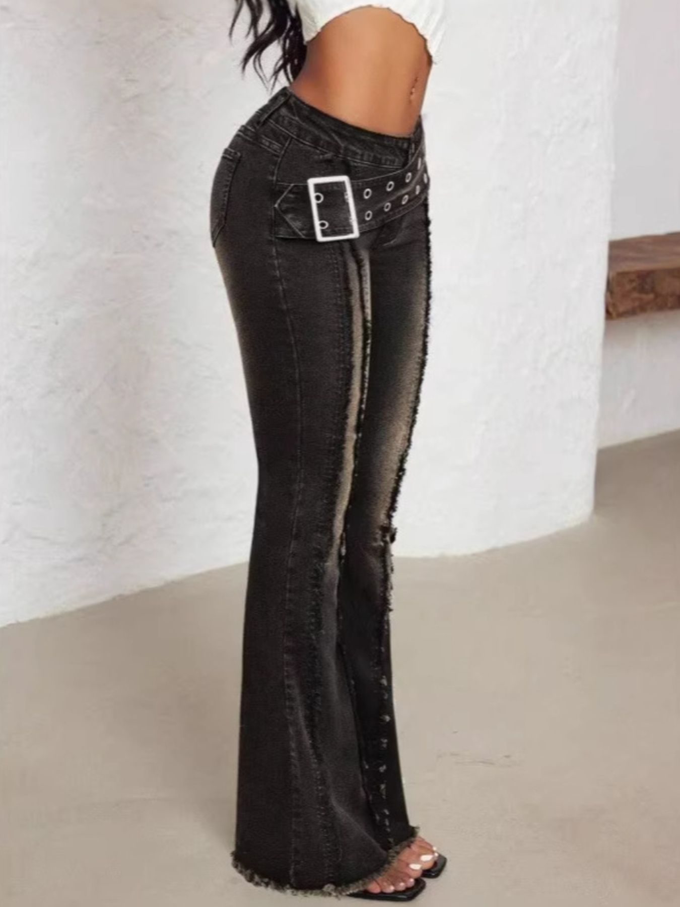 Belted High Waist Flare Jeans - cas7m