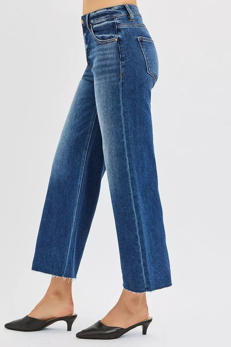 RISEN Full Size Mid Rise Crop Wide Raw Cut Hem Jeans Plus Size - cas7m