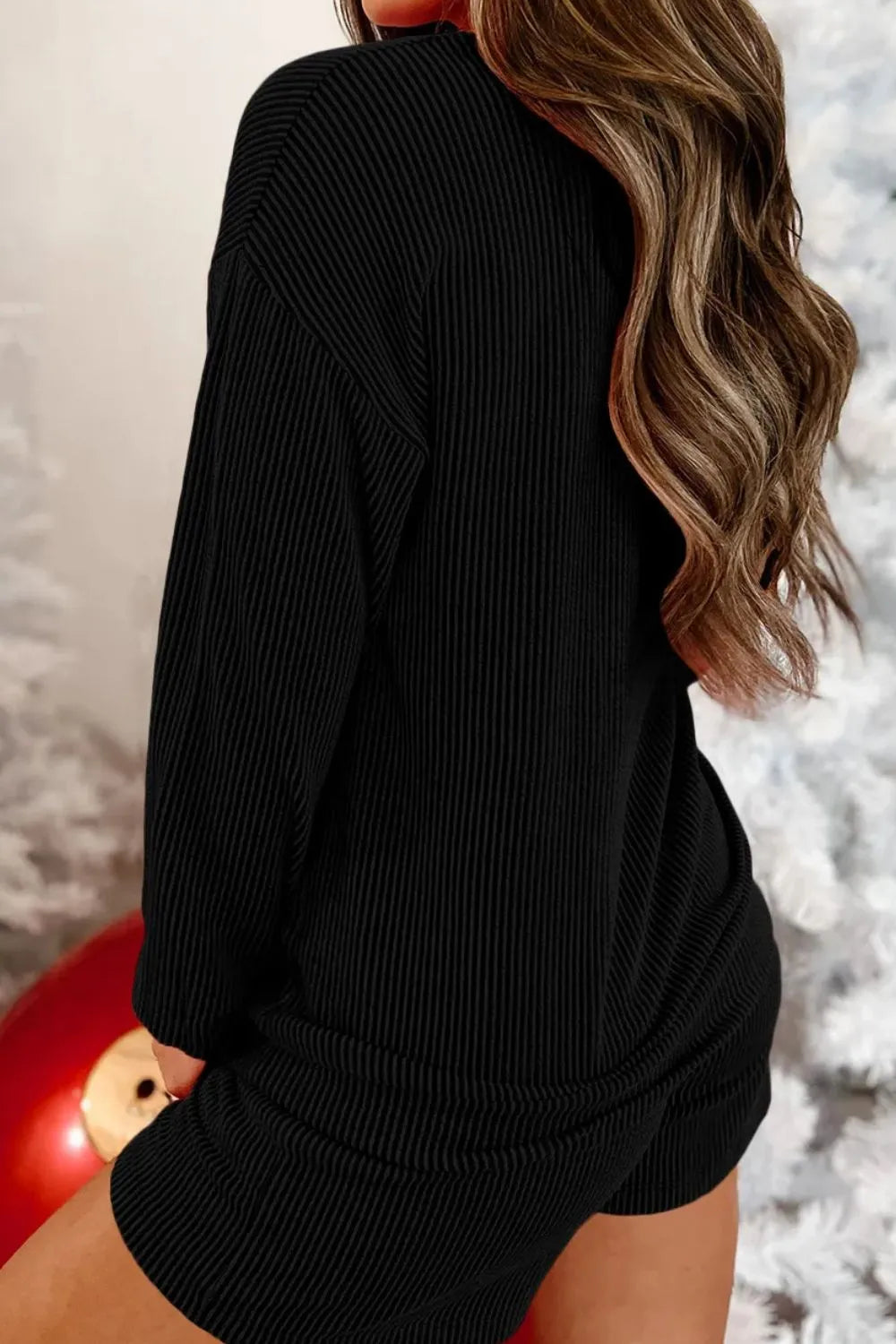 MERRY Round Neck Long Sleeve Top and Shorts Lounge Set - cas7m