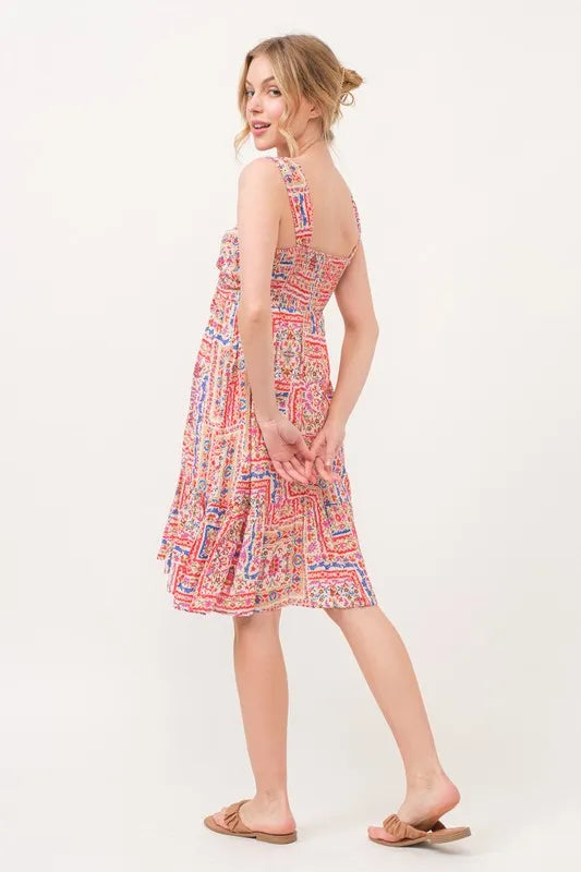 And The Why Tied Front Smocked Back Tiered Boho Printed Dress - cas7m