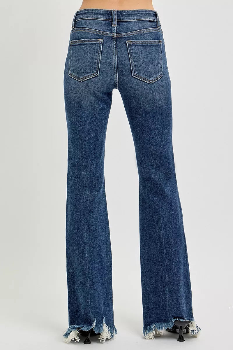 RISEN Full Size Mid Rise Flare Frayed Hem Jeans Plus Size - cas7m