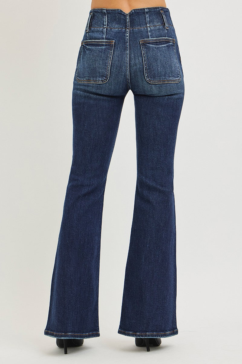 RISEN High Rise Flare Jeans With Seam Detail Waistband - cas7m
