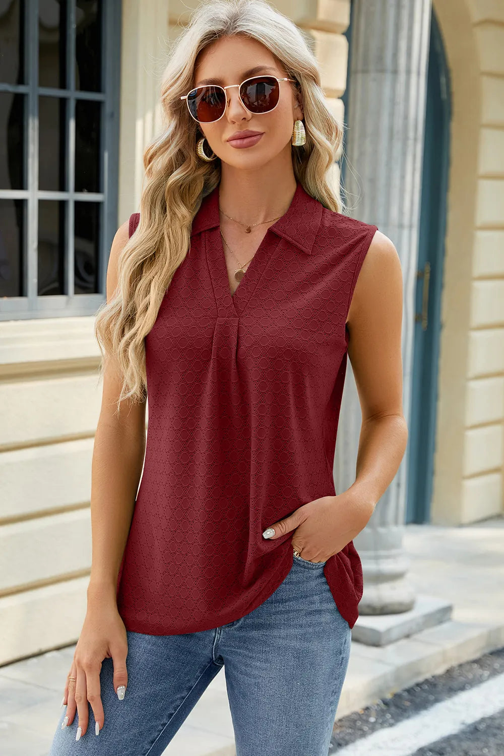 Eyelet Johnny Collar Tank - cas7m