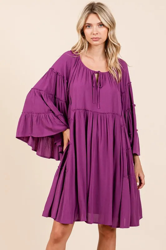 Mittoshop Frill Tie Neck Bell Sleeve Dress - cas7m