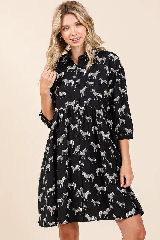Mittoshop Zebra Print Button Down Shirt Mini Dress - cas7m