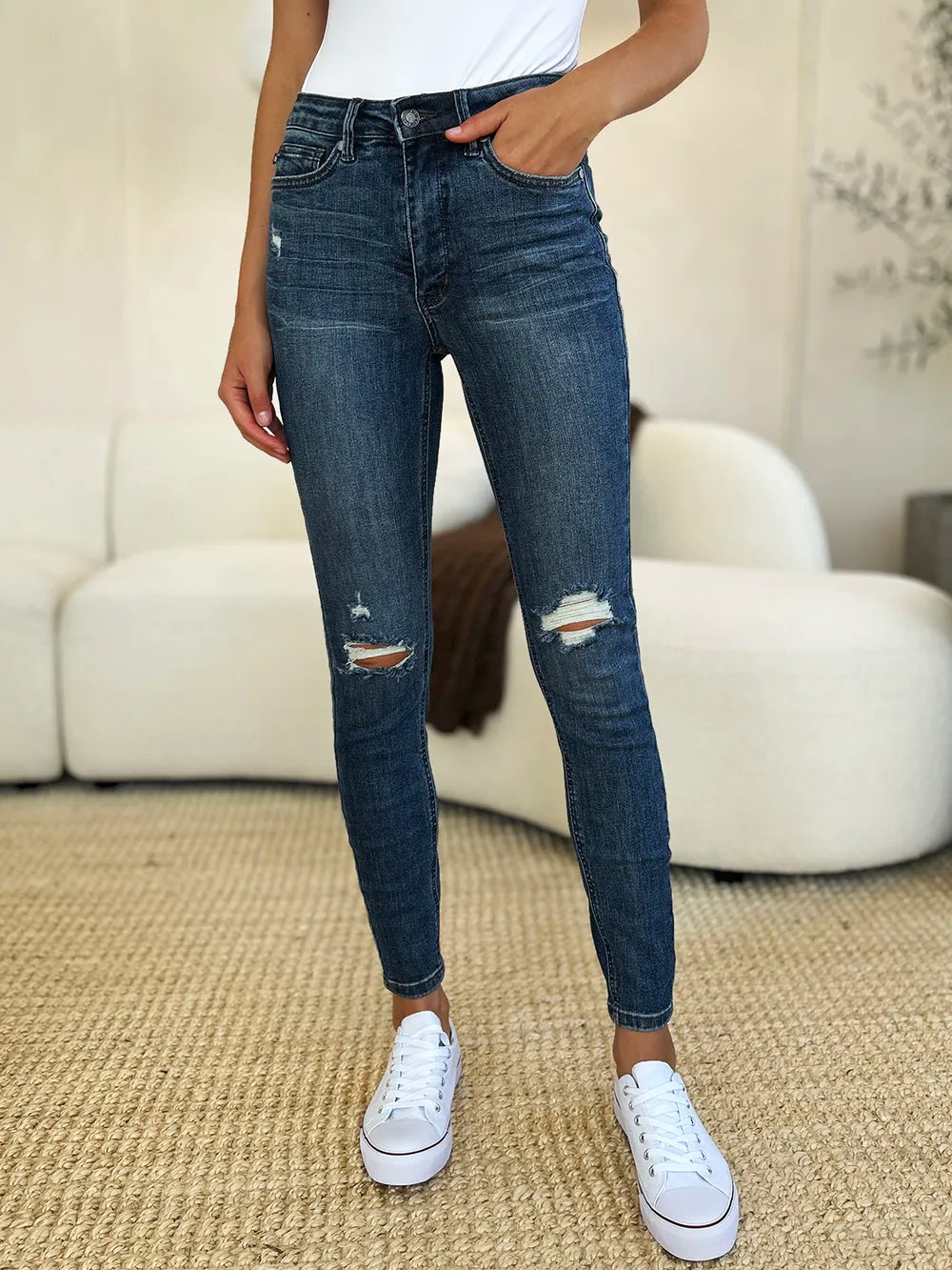 Judy Blue Full Size Mid Waist Distressed Slim Jeans - cas7m