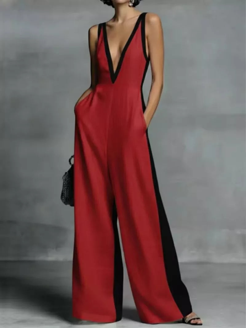 Contrast Trim V-Neck Jumpsuit - cas7m