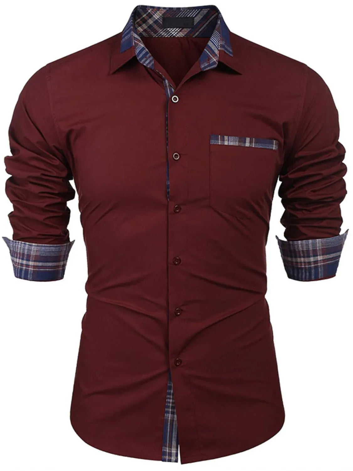 Men's Plaid Collared Neck Long Sleeve Shirt - cas7m