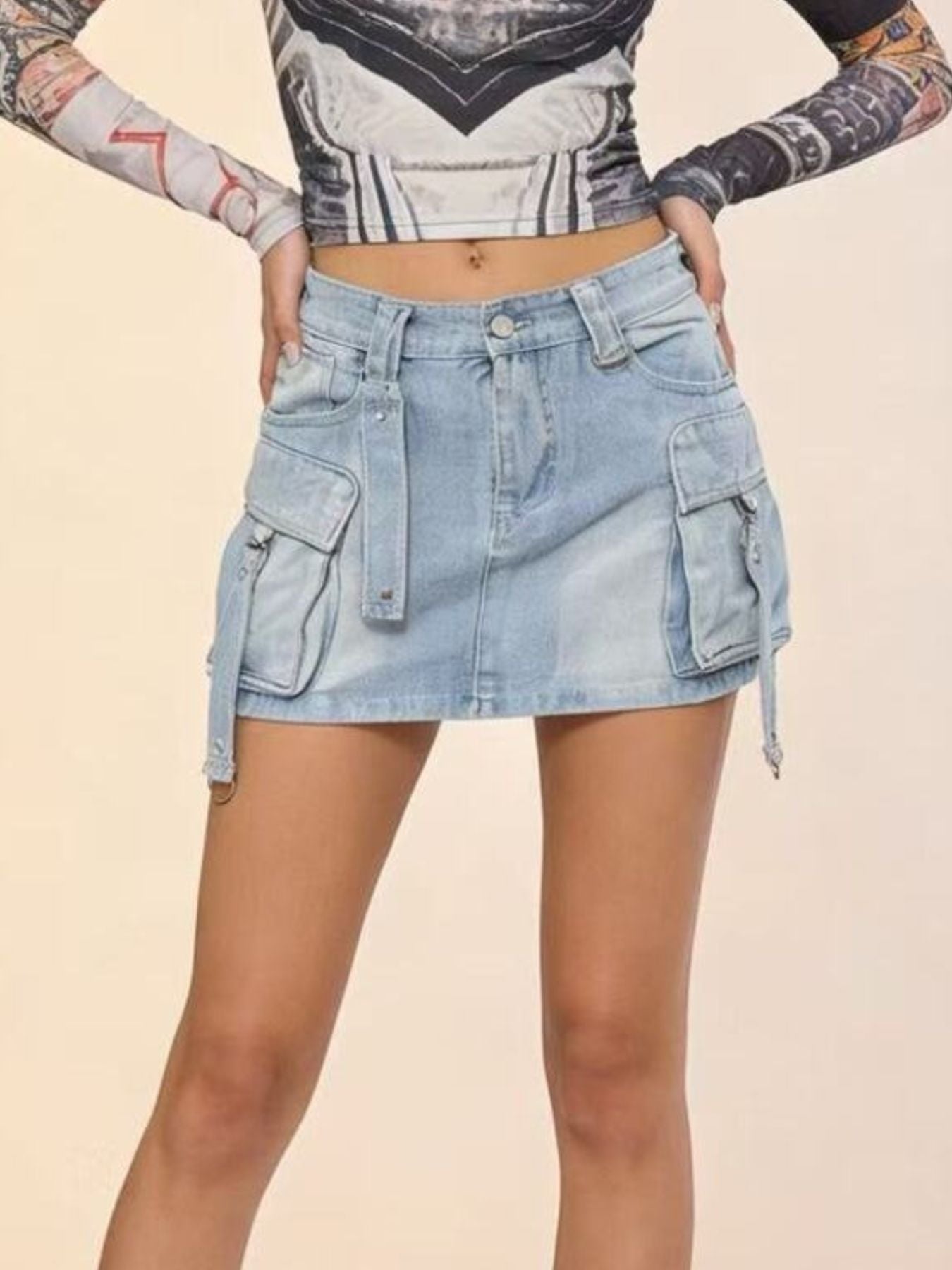 Washed Cargo Denim Skirt - cas7m