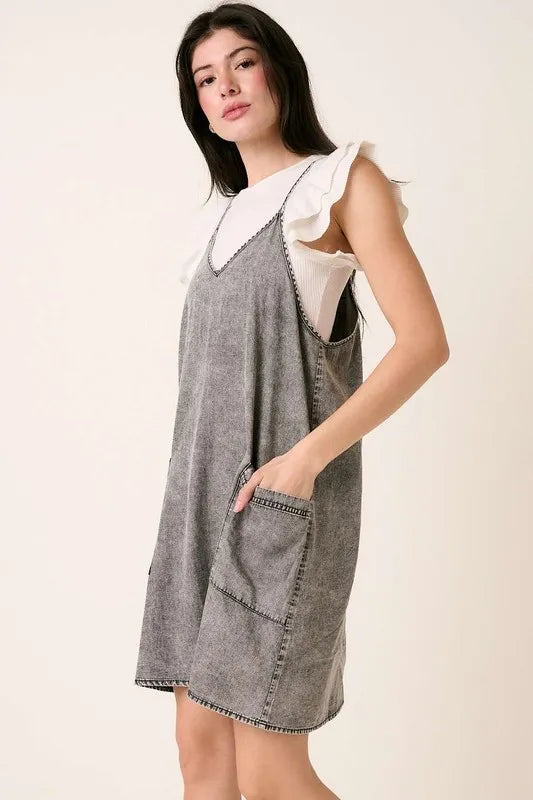 Mittoshop Washed Patch Pocket Mini Cami Denim Dress - cas7m
