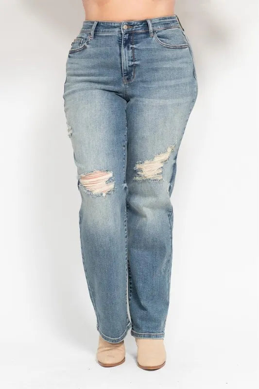 Judy Blue Full Size High Waist Distressed Dad Jean Plus Size - cas7m
