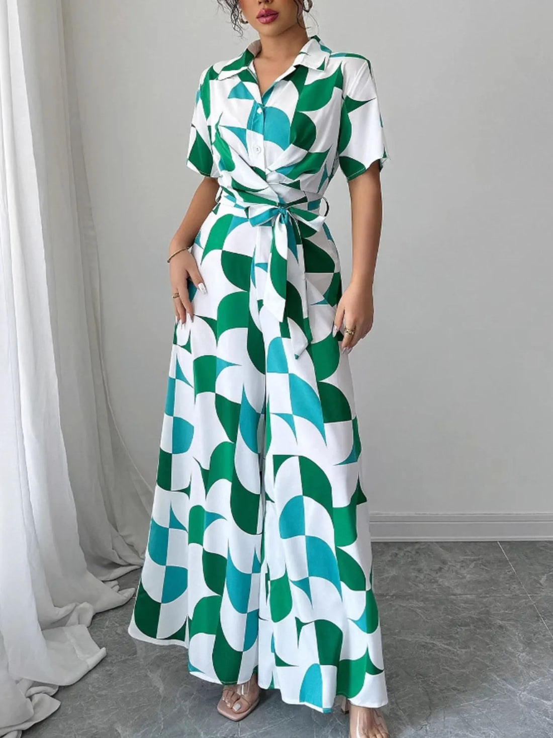 Printed Wide Leg Belted Jumpsuit - cas7m