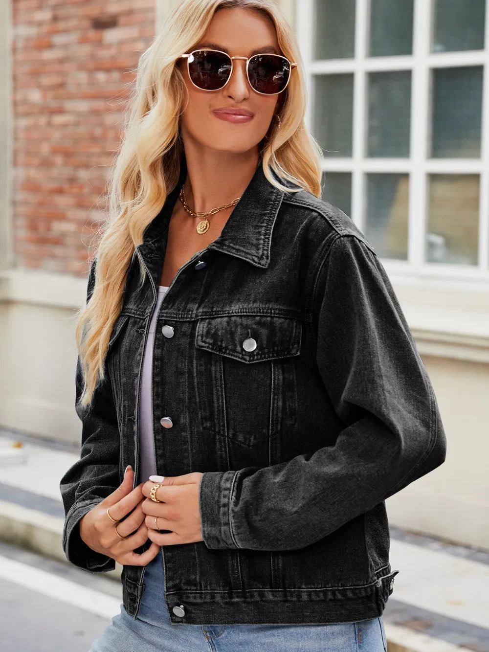 Pocketed Collared Neck Denim Jacket - cas7m