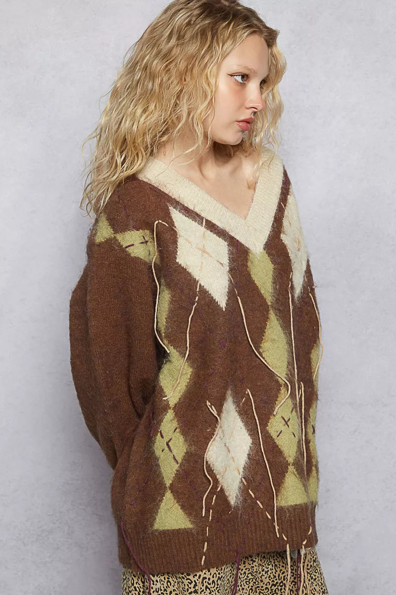 POL V-Neck Argyle Pattern Mohair Sweater with Contrast Exposed Stitch Detail - cas7m
