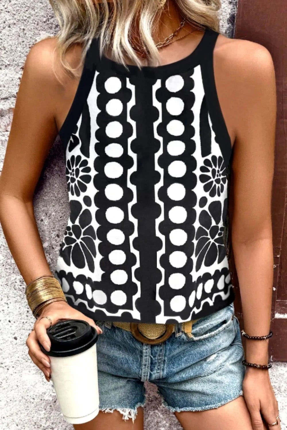 Geometric Print Sleeveless Tank Top - cas7m