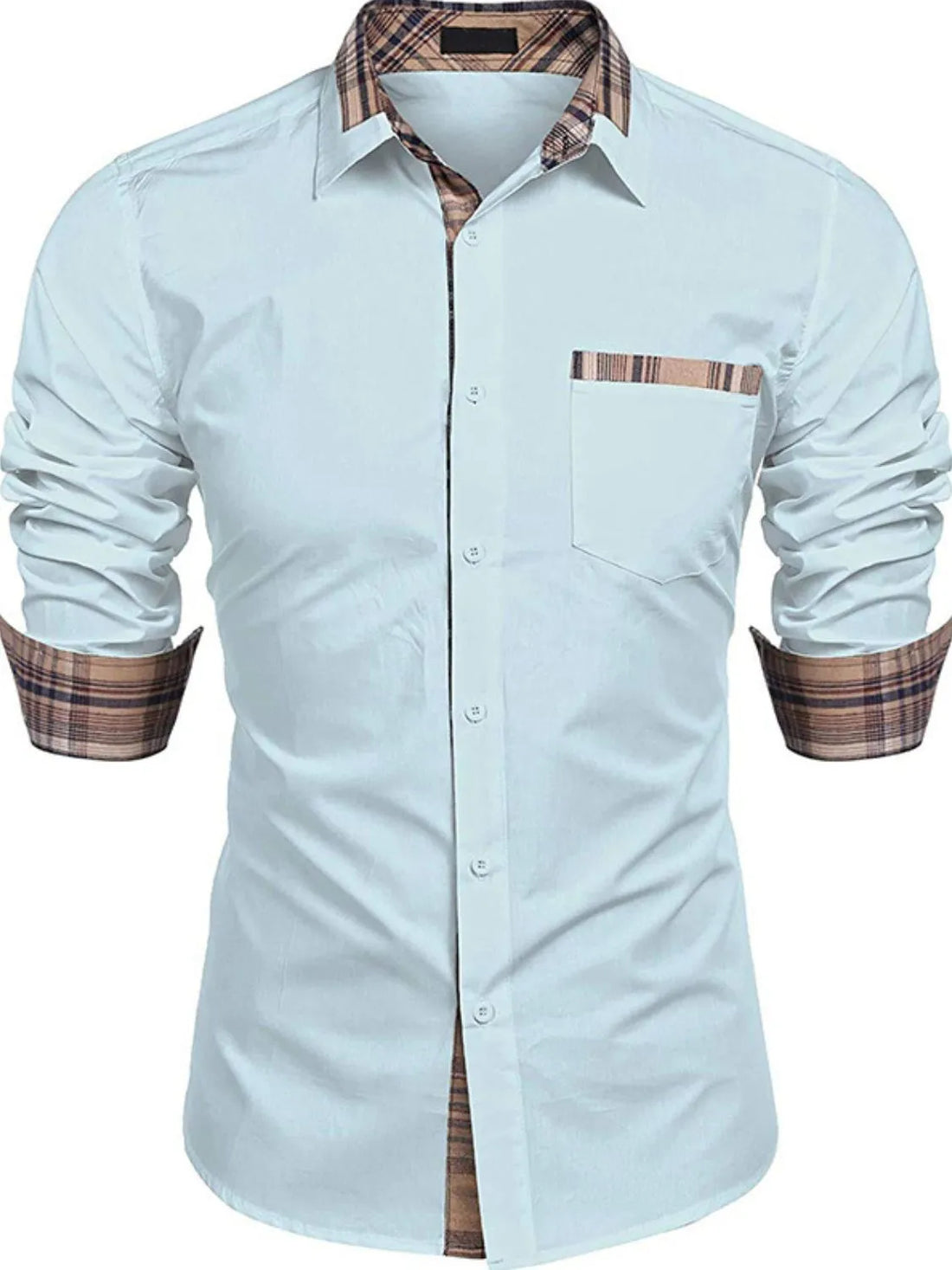 Men's Plaid Collared Neck Long Sleeve Shirt - cas7m