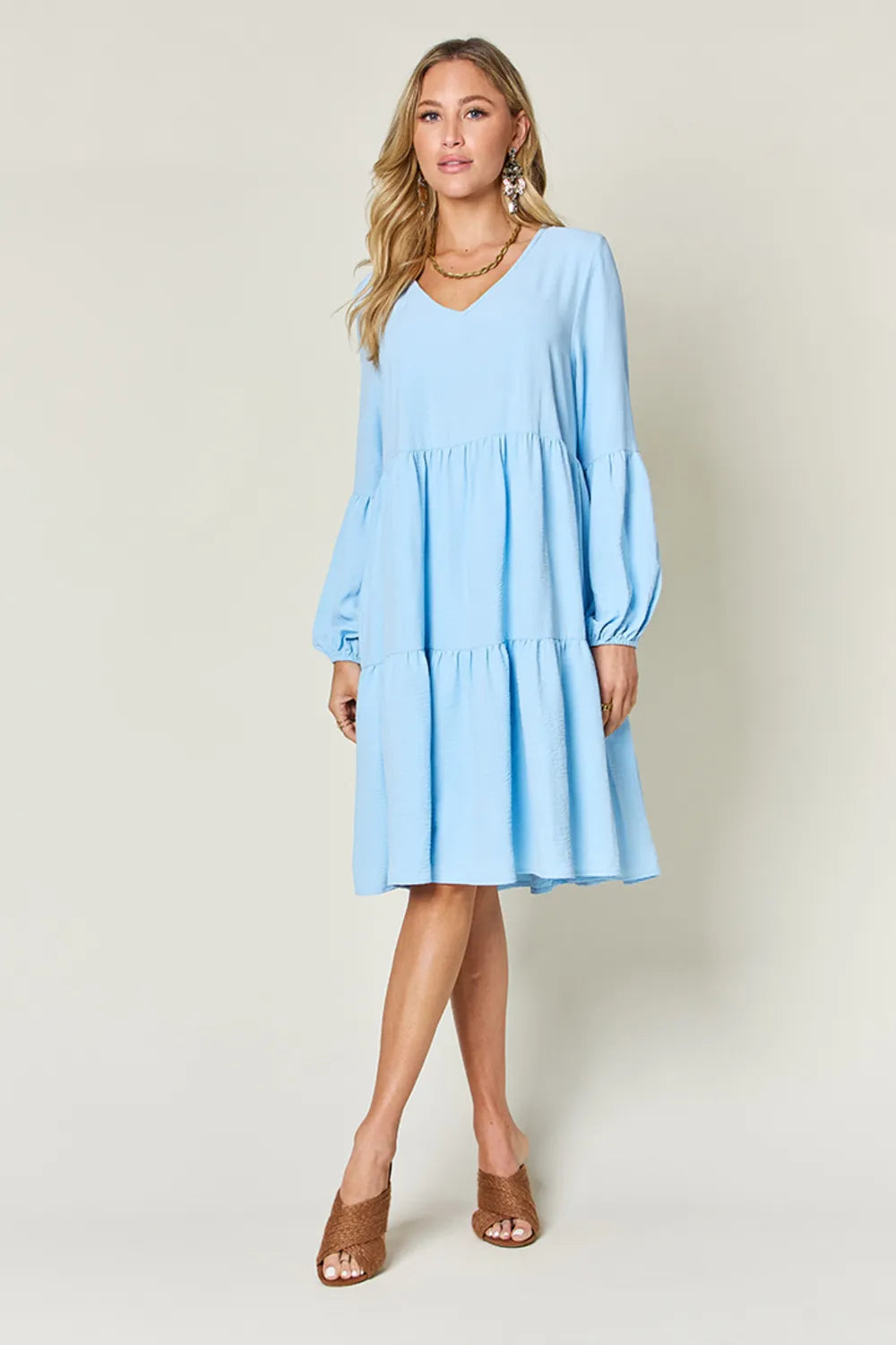 Double Take Full Size V-Neck Balloon Sleeve Tiered Dress with Pockets - cas7m