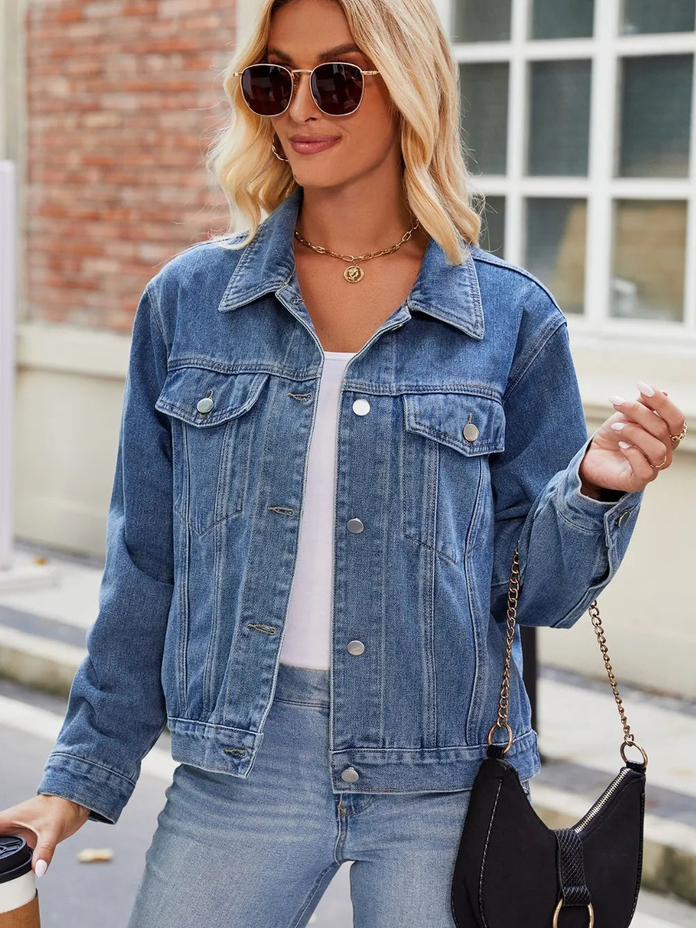 Pocketed Collared Neck Denim Jacket - cas7m