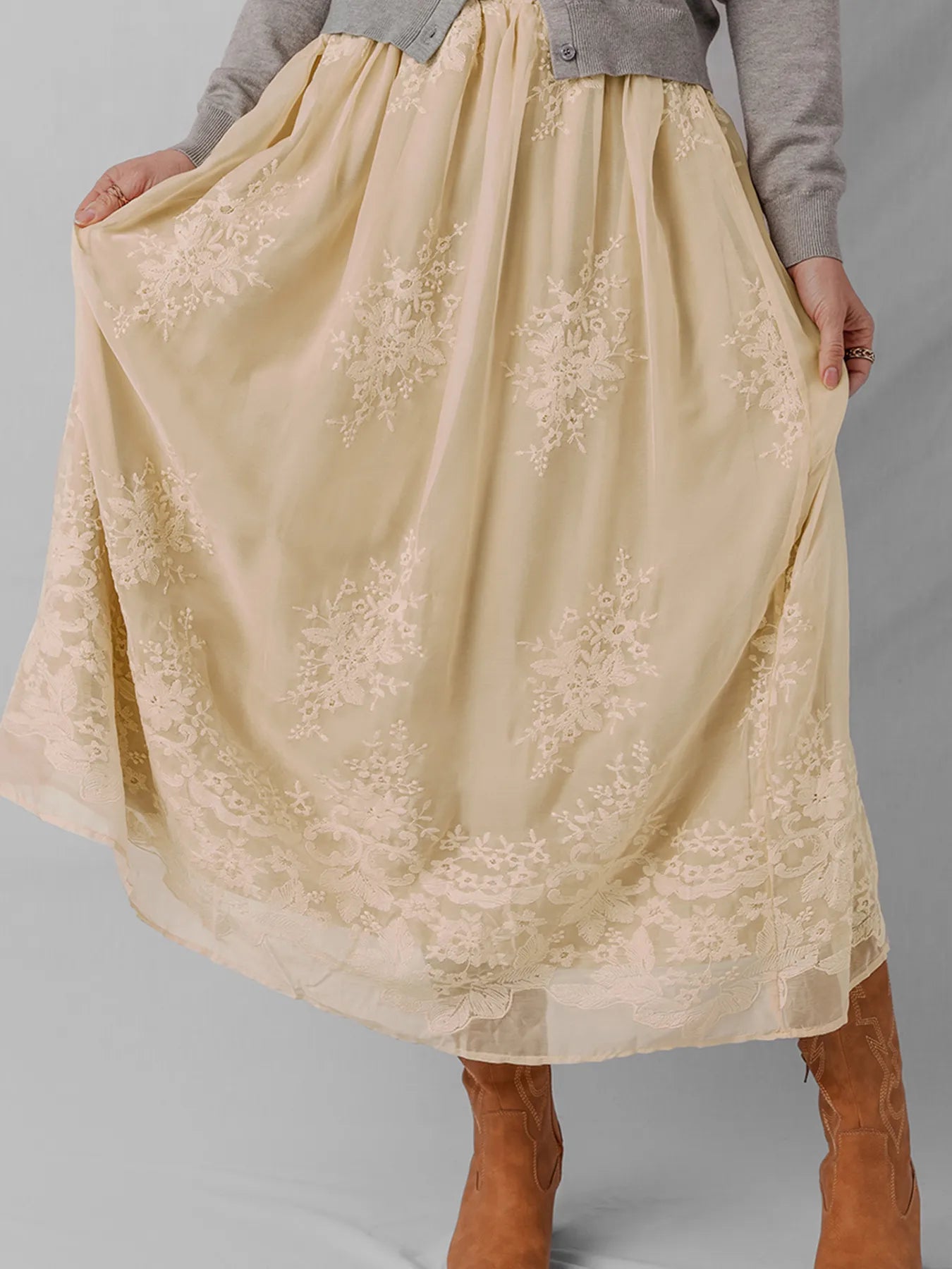 Embroidered Mesh Overlay Flowy Midi Skirt - cas7m
