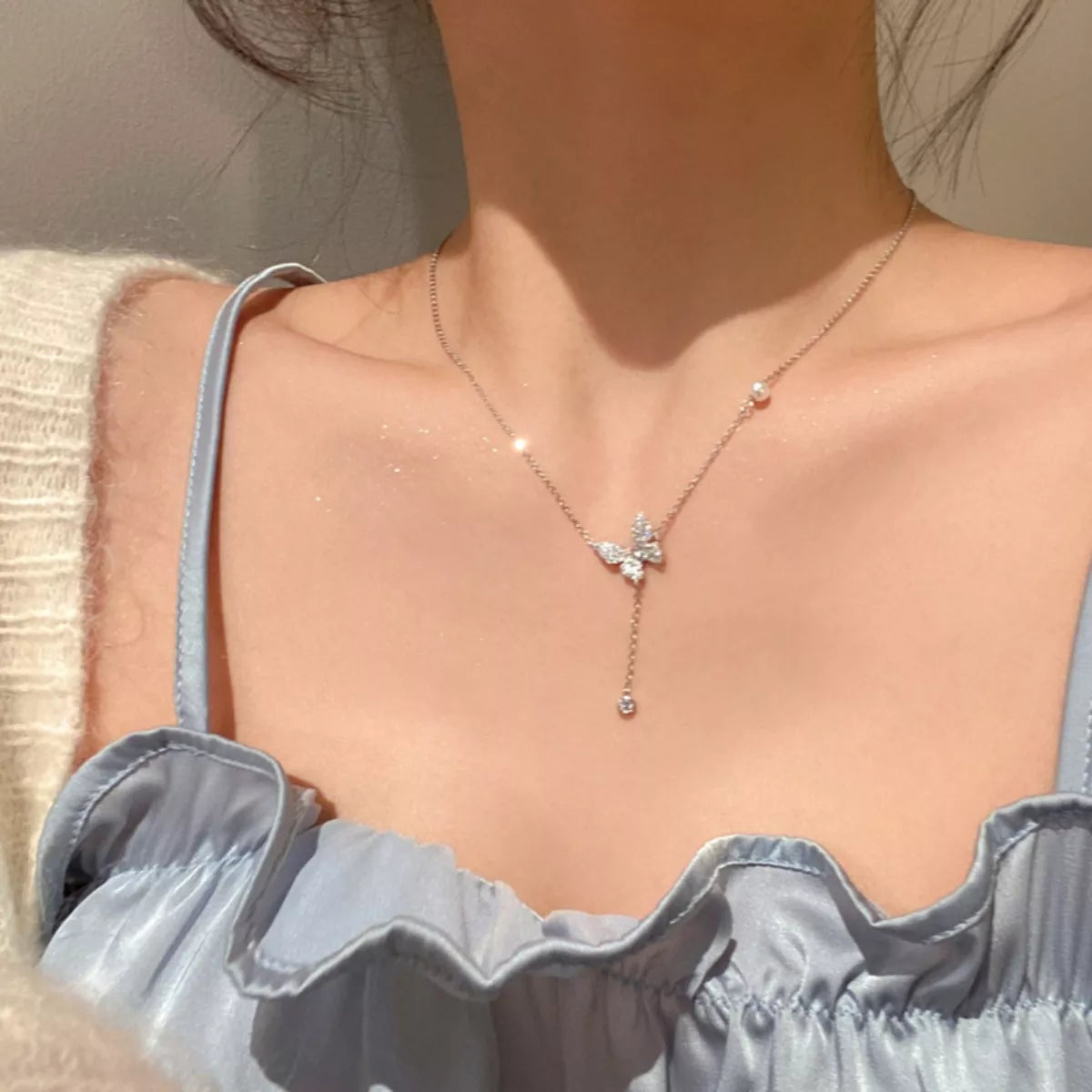 925 Sterling Silver Zircon Butterfly Necklace - cas7m