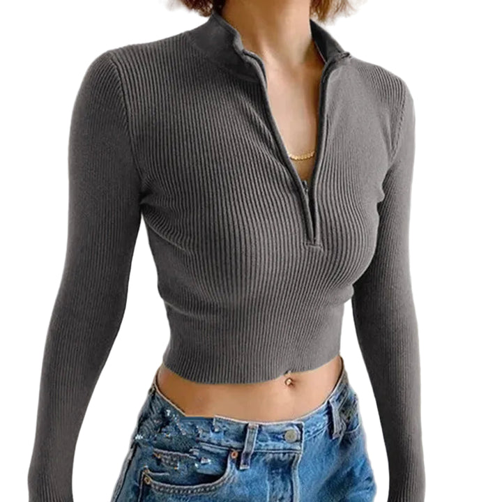 Slim Fit Women's Long-Sleeved Zipper T-Shirt Top - cas7m