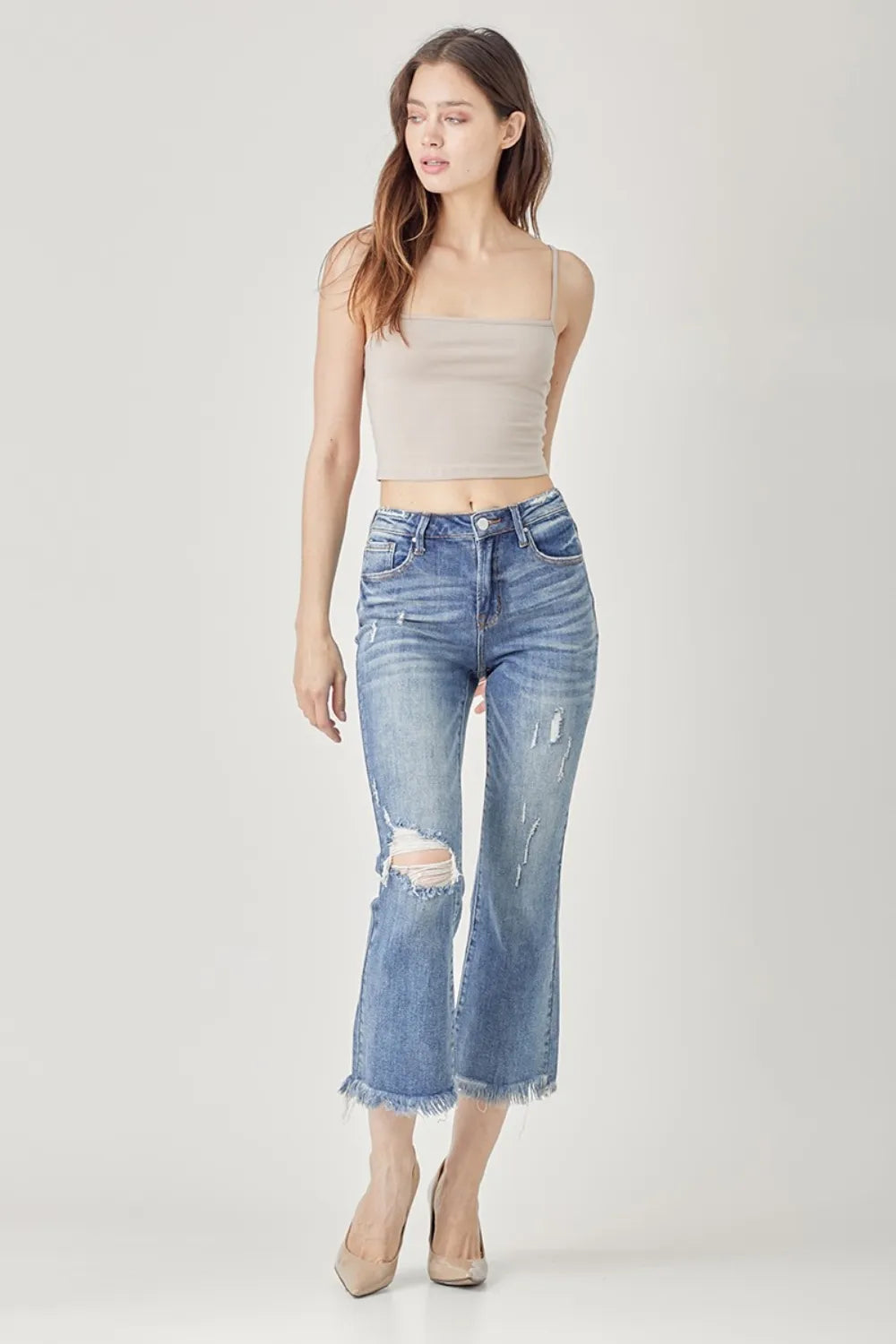 RISEN High Waist Distressed Cropped Bootcut Jeans - cas7m