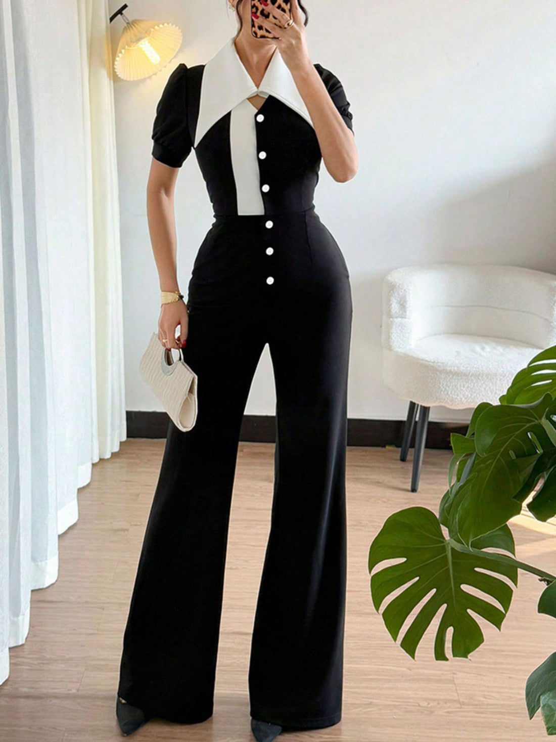 Contrast Button-Down Wide Leg Jumpsuit - cas7m