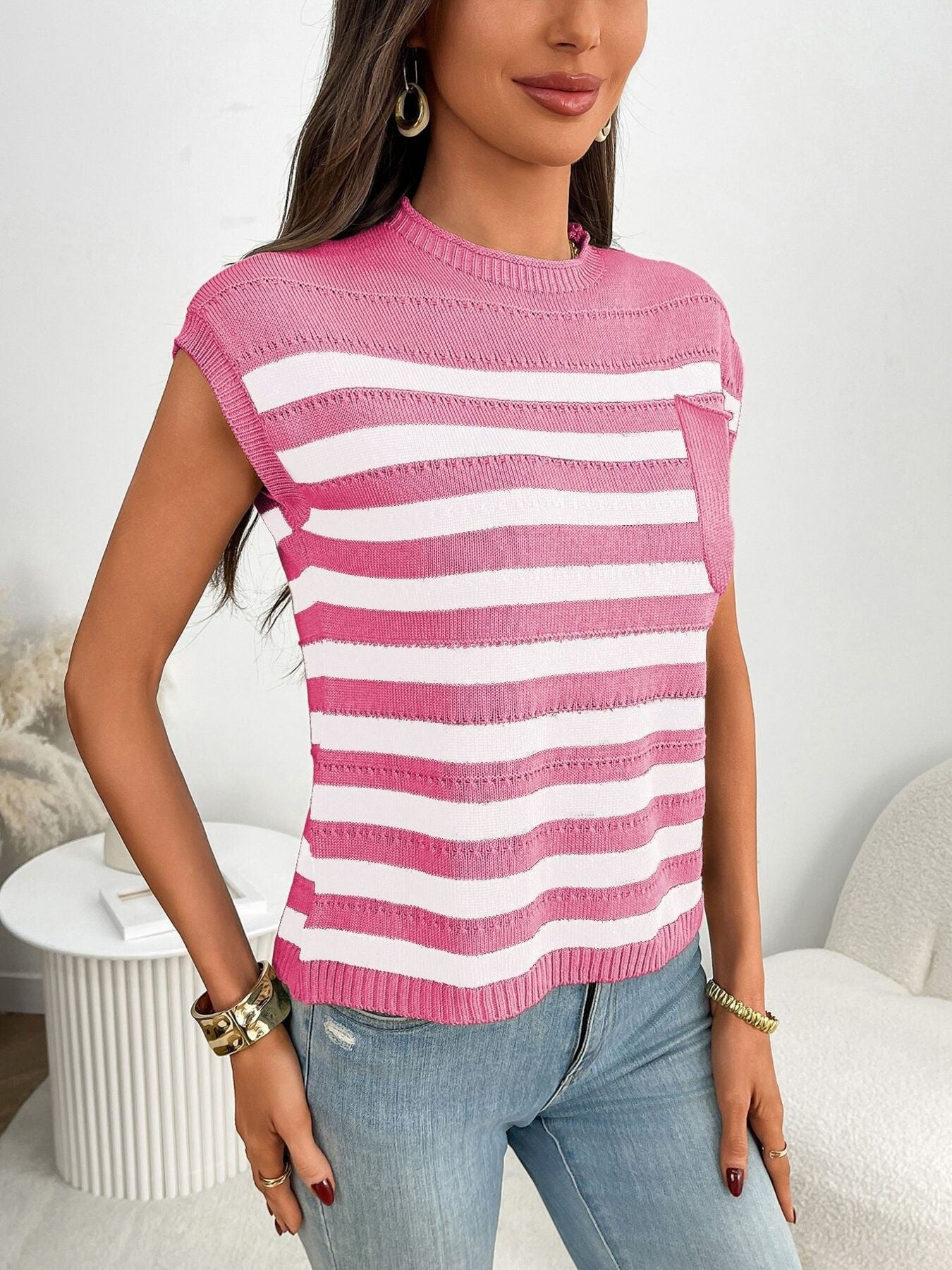 Striped Knit Pocket Detail Cap Sleeve Sweater - cas7m