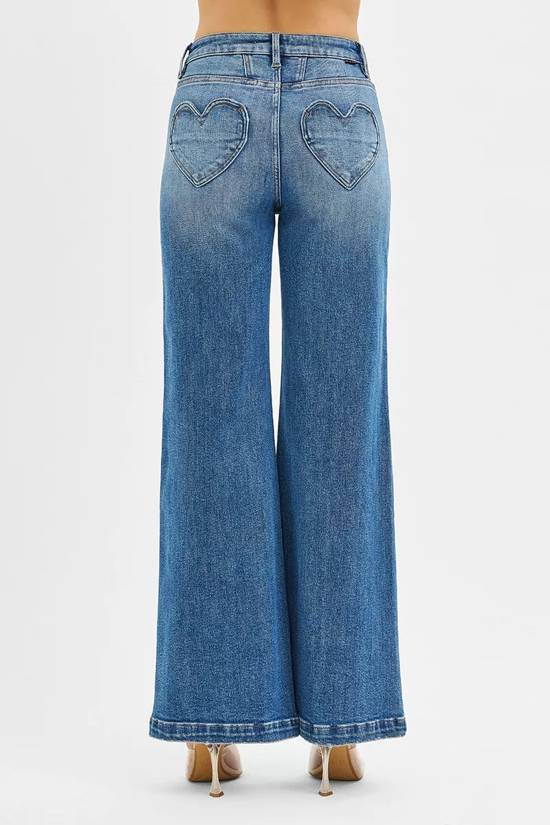 RISEN High Rise Wide Leg Jenas with Front Yoke and Heart Back Pocket - cas7m