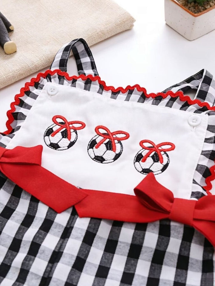 Children's Gingham Soccer Ball Embroidered Ruffle Hem Jumpsuit - cas7m