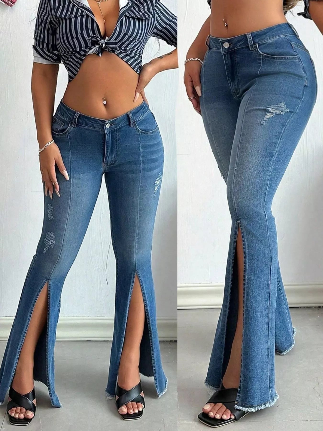 Distressed Slit Flare Jeans - cas7m