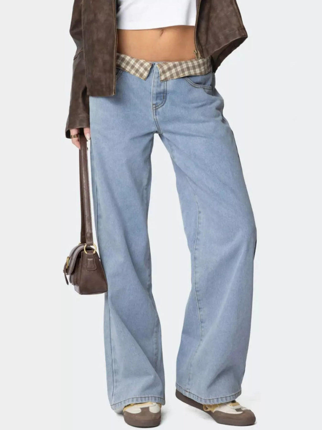Plaid Trim Wide Leg Jeans - cas7m