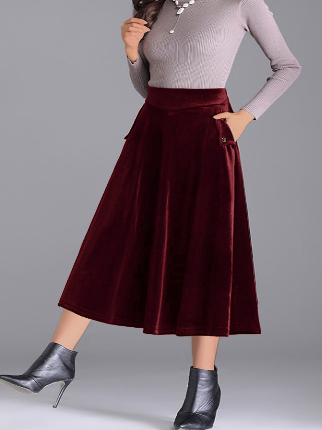 Plus Size Elegant Velvet A-Line Midi Skirt - cas7m