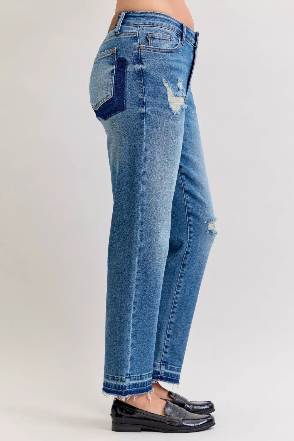 Judy Blue Full Size Mid Rise Bf Patch & Repair Destroy Release Hem Jeans Plus Size - cas7m