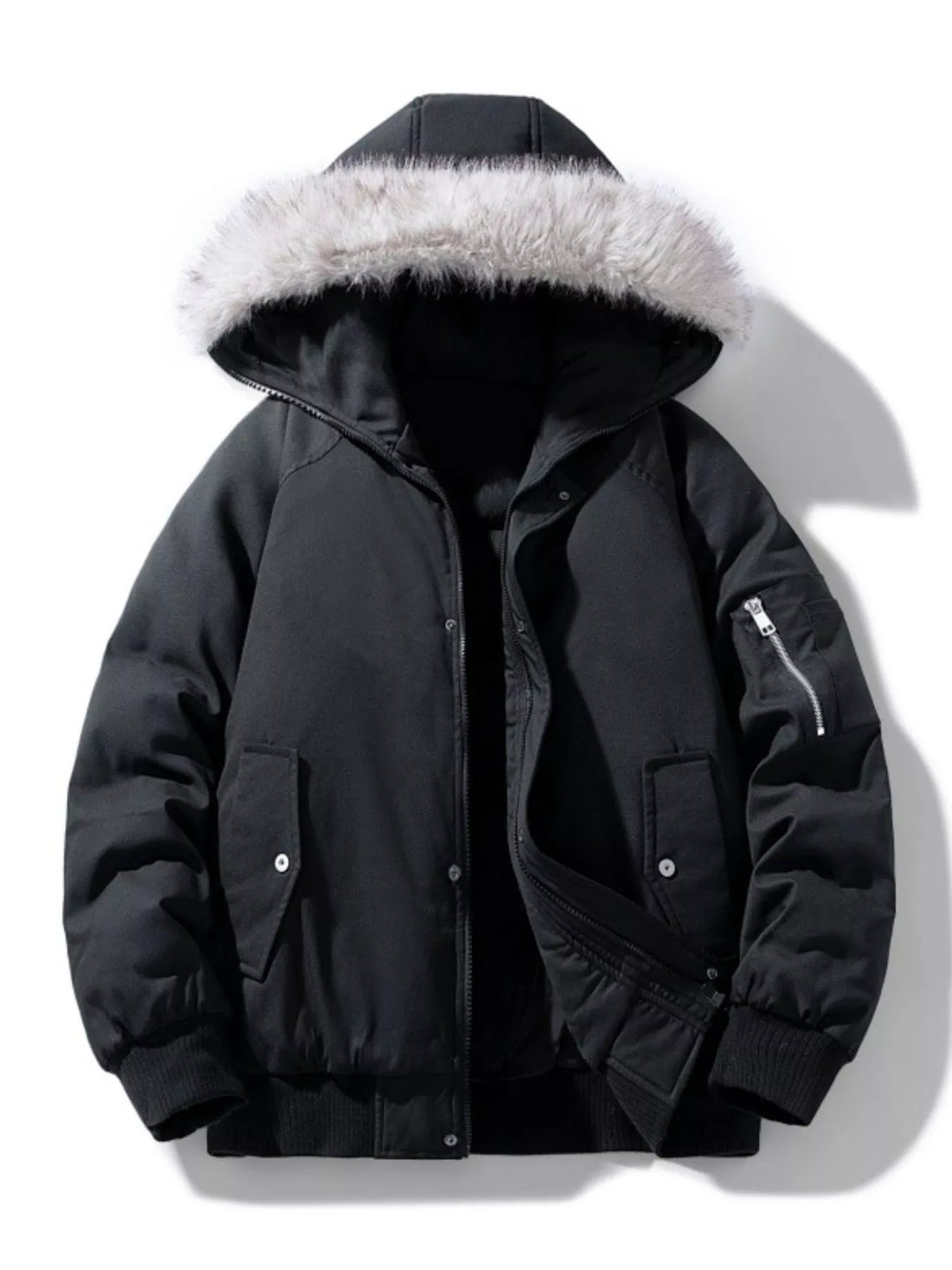 Men's Plus Size Faux Fur Hooded Padded Bomber Jacket - cas7m