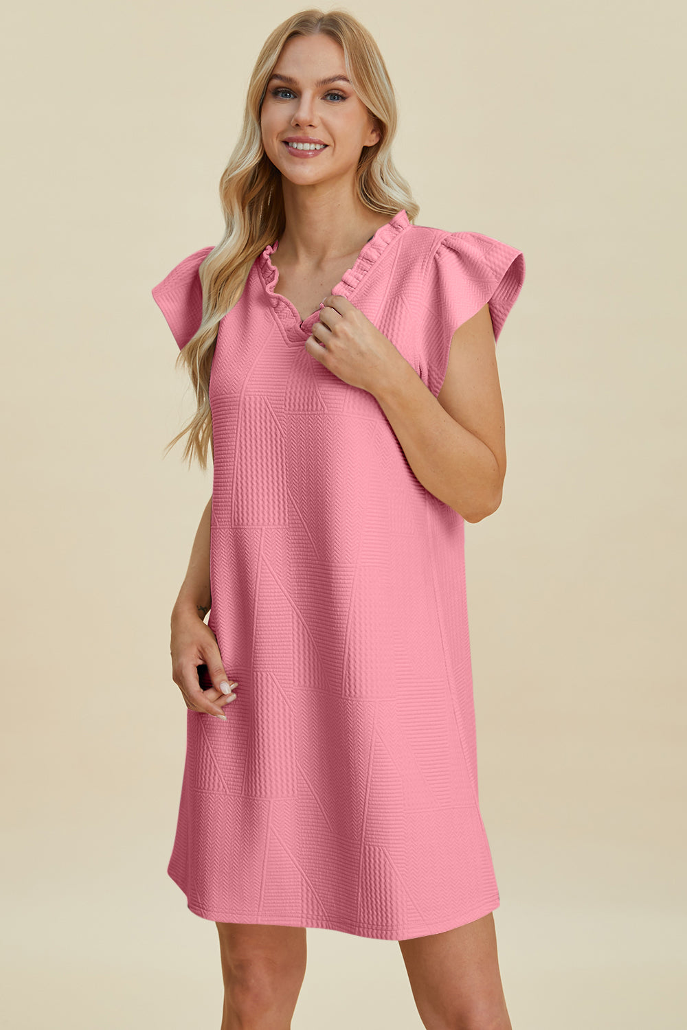 Double Take Full Size Ruffled V-Neck Cap Sleeve Dress - cas7m