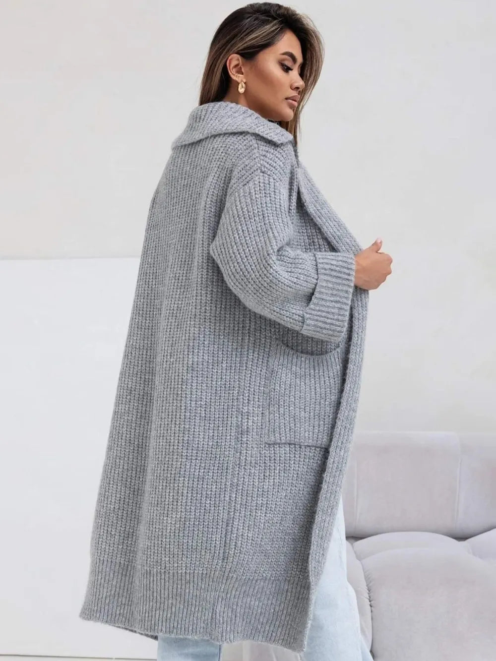 Pocketed Collared Neck Dropped Shoulder Cardigan - cas7m
