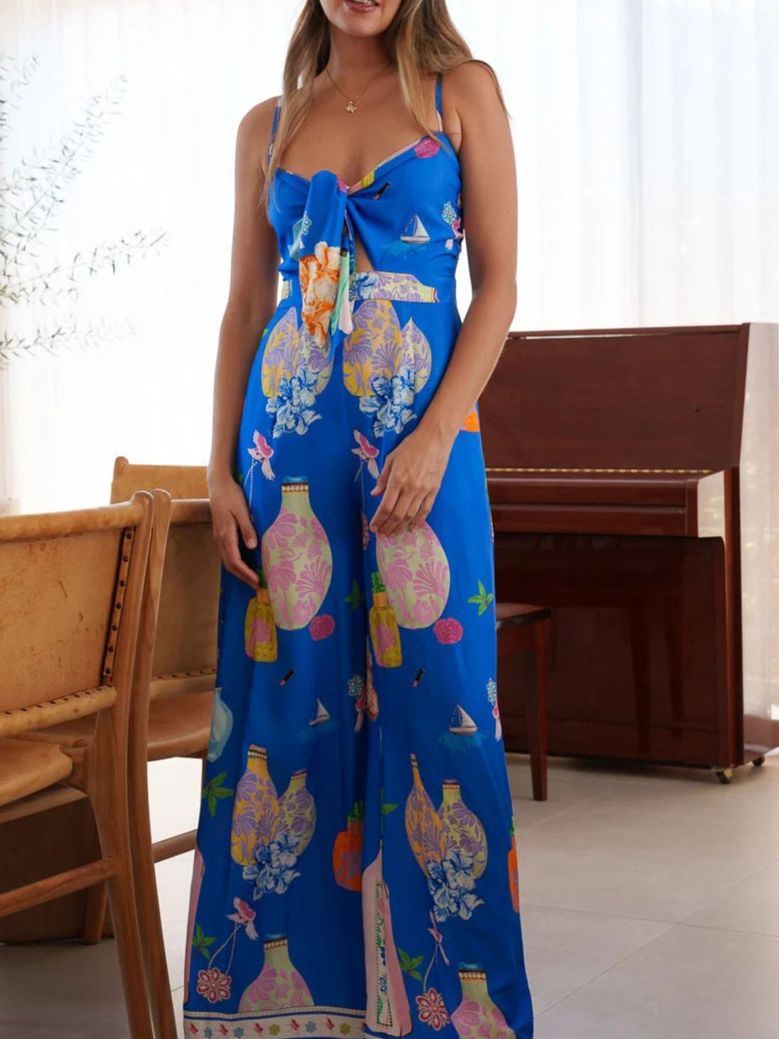 Printed Tie-Front Wide Leg Jumpsuit - cas7m
