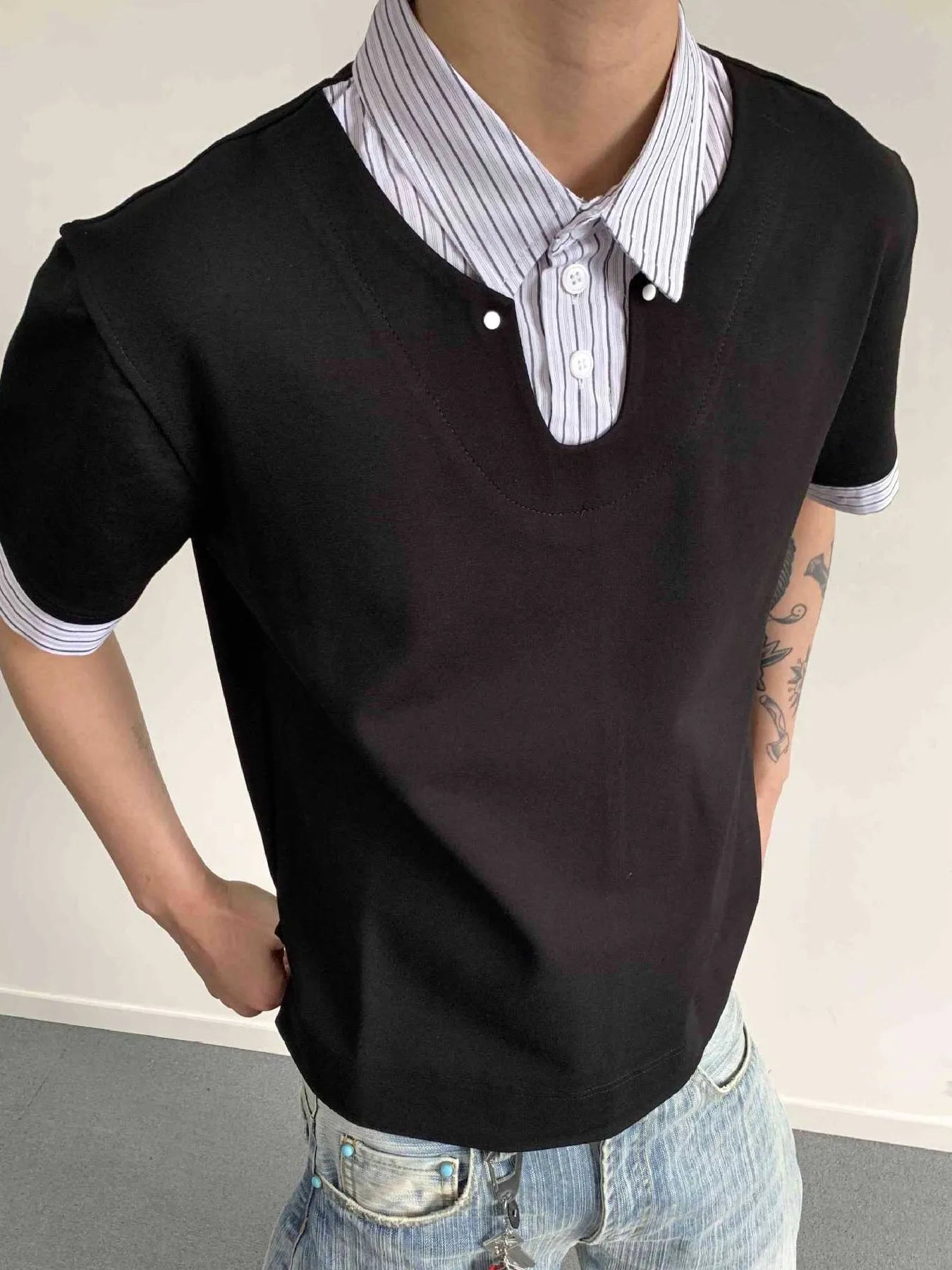 Men's Layered-Look Striped Collar Polo - cas7m