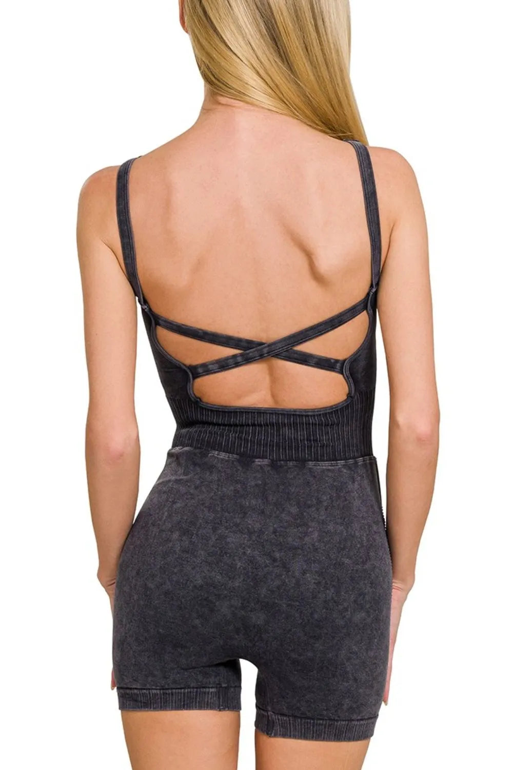 Zenana Washed Sports Romper With Removable Bra Pad - cas7m