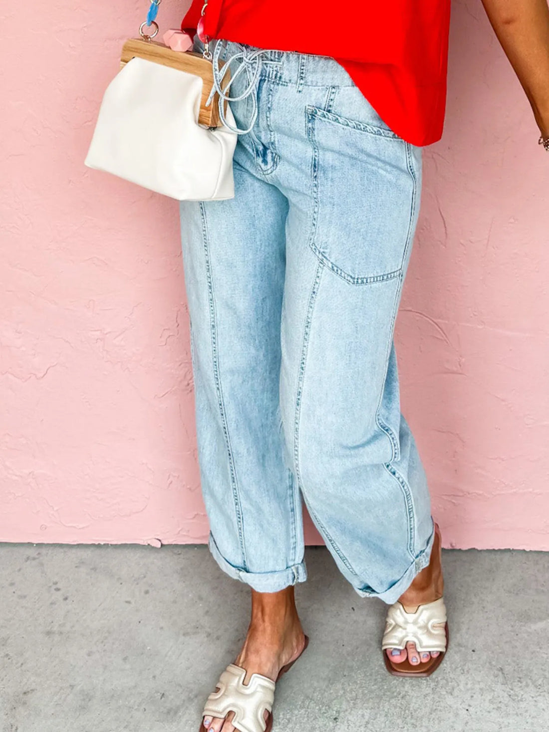 Drawstring Washed Relaxed Fit Boyfriend Jeans - cas7m
