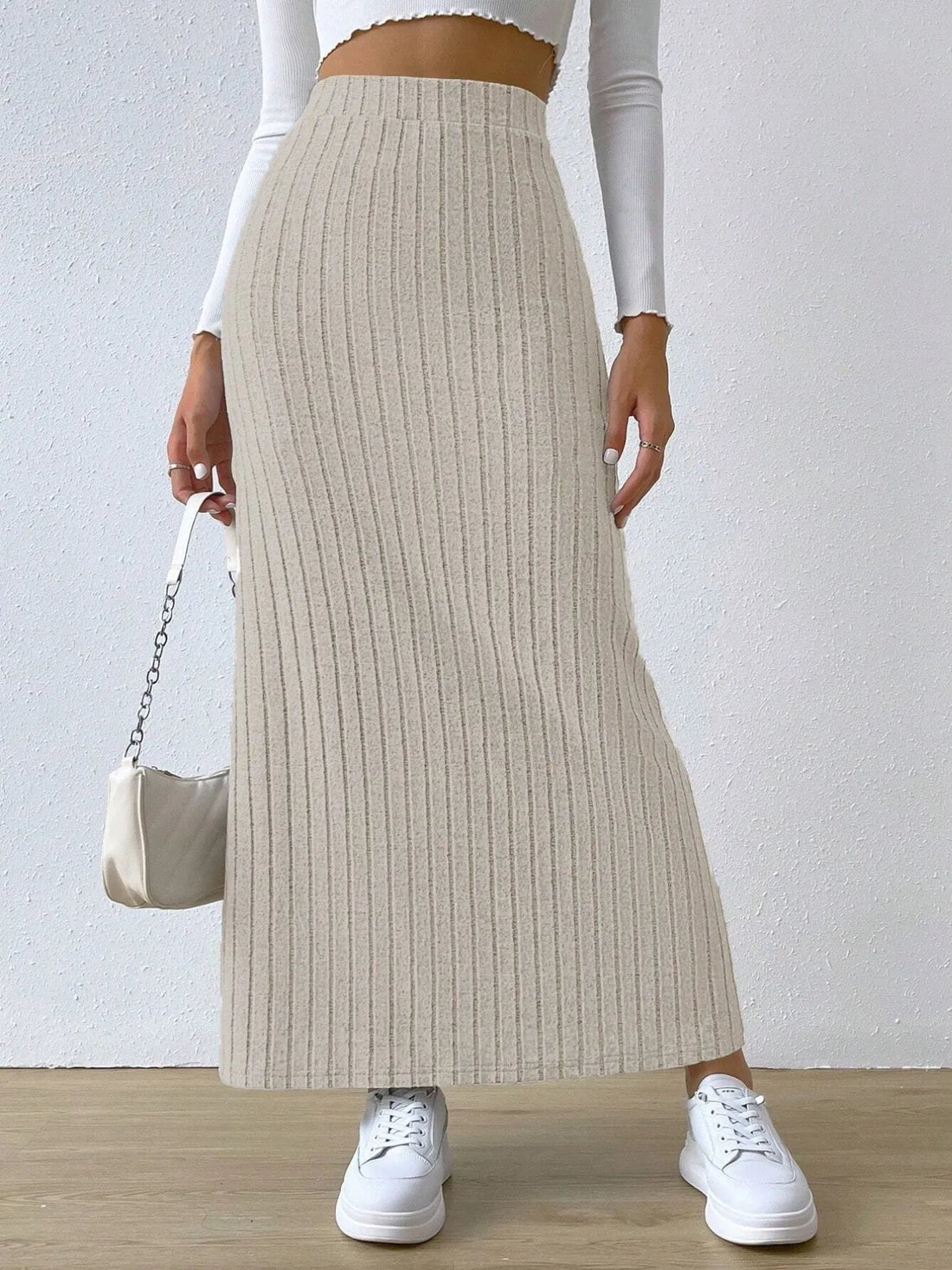 High Waist Ribbed Knit Maxi Skirt - cas7m
