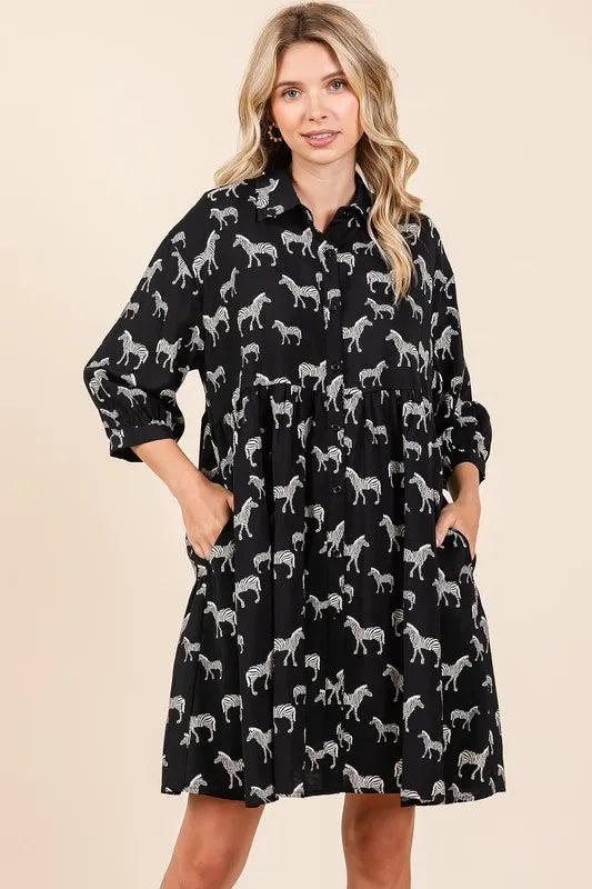 Mittoshop Zebra Print Button Down Shirt Mini Dress - cas7m