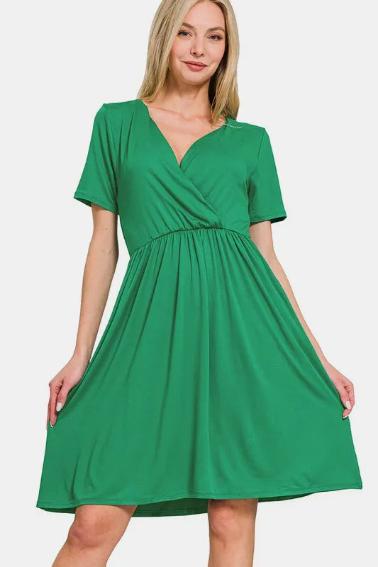 Zenana Surplice Short Sleeve Brushed DTY Dress - cas7m