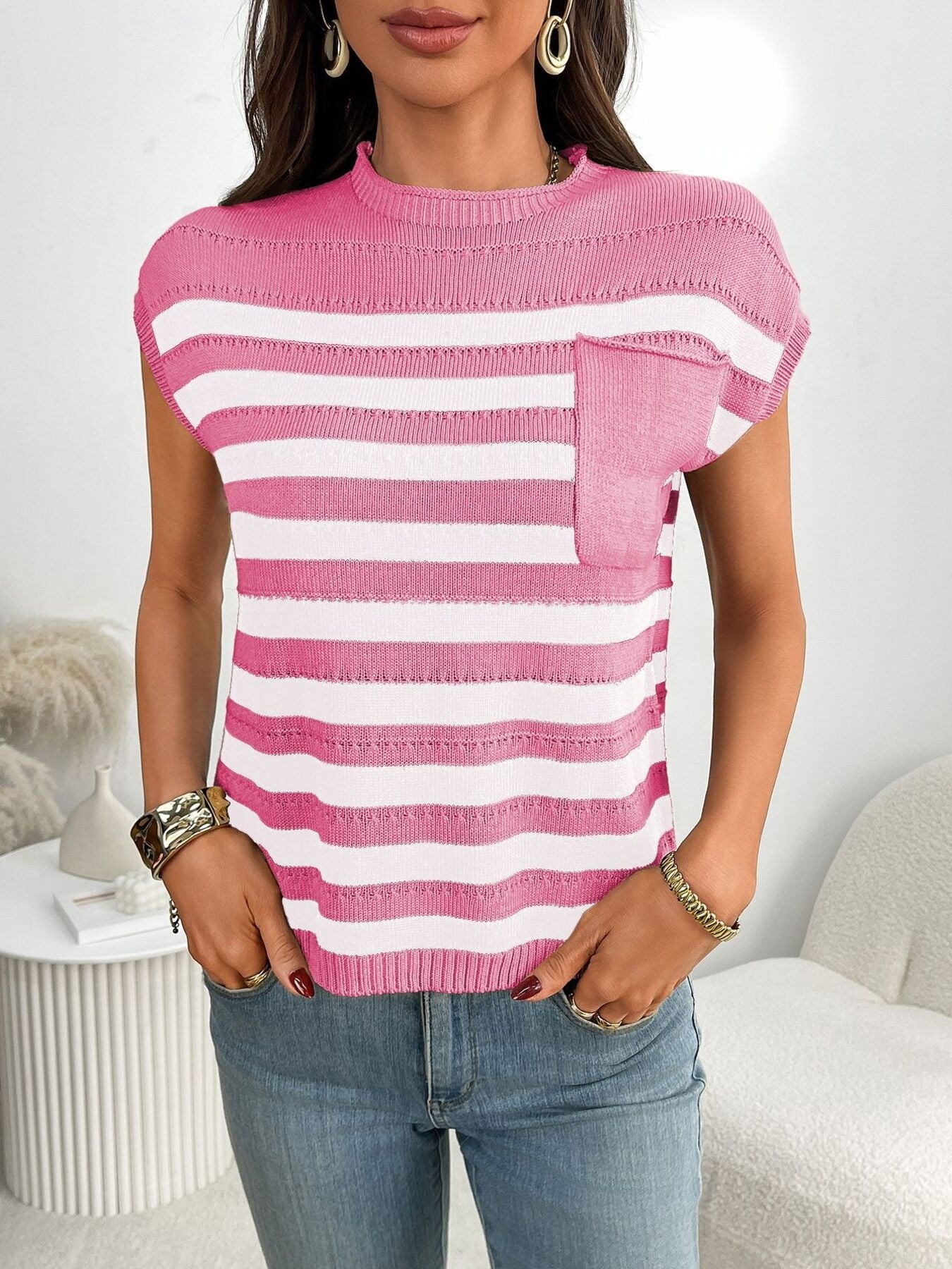 Striped Knit Pocket Detail Cap Sleeve Sweater - cas7m