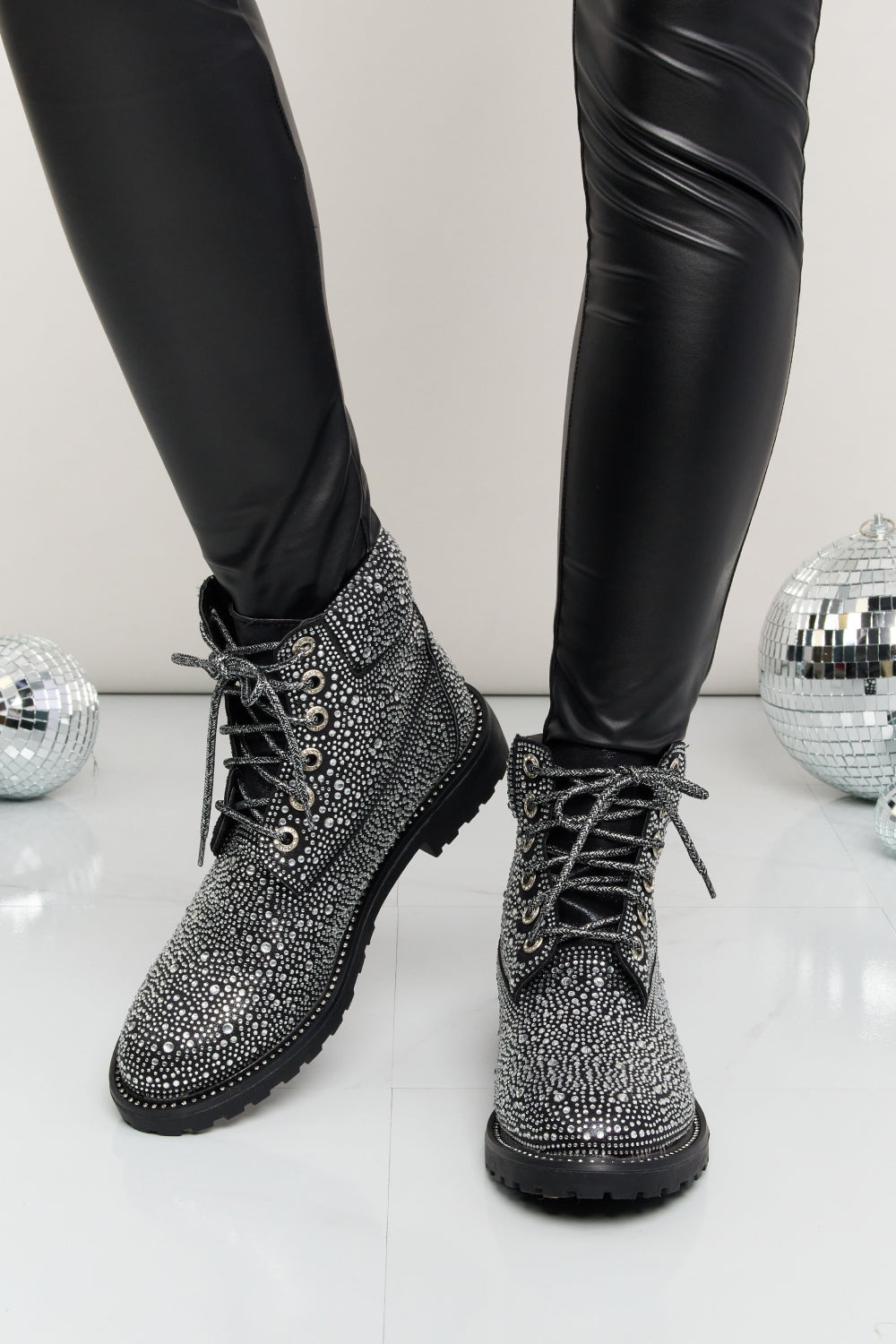 Forever Link Rhinestone Lace-Up Combat Boots - cas7m