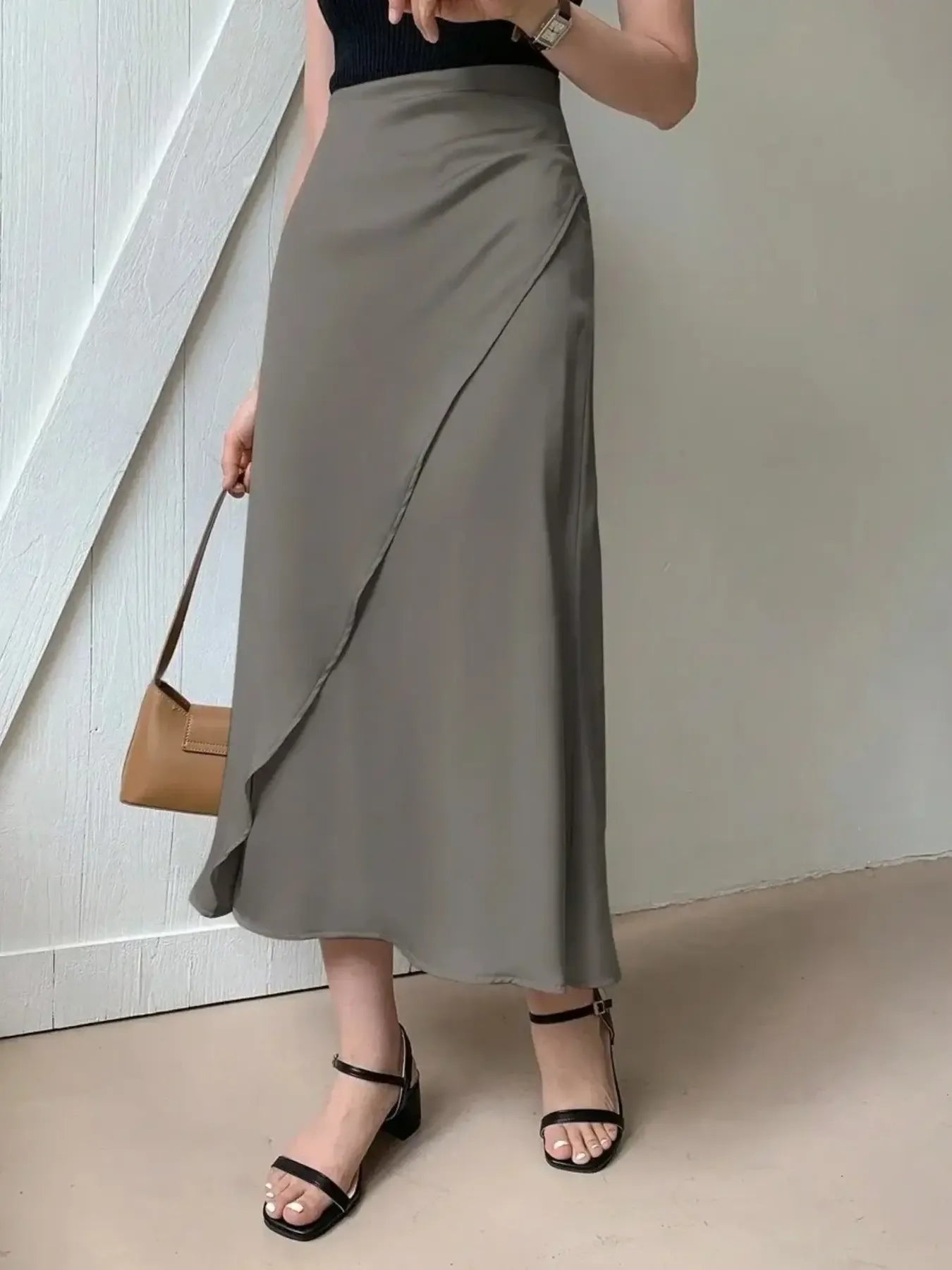 Asymmetric Wrap Midi Skirt with Fluted Hem - cas7m