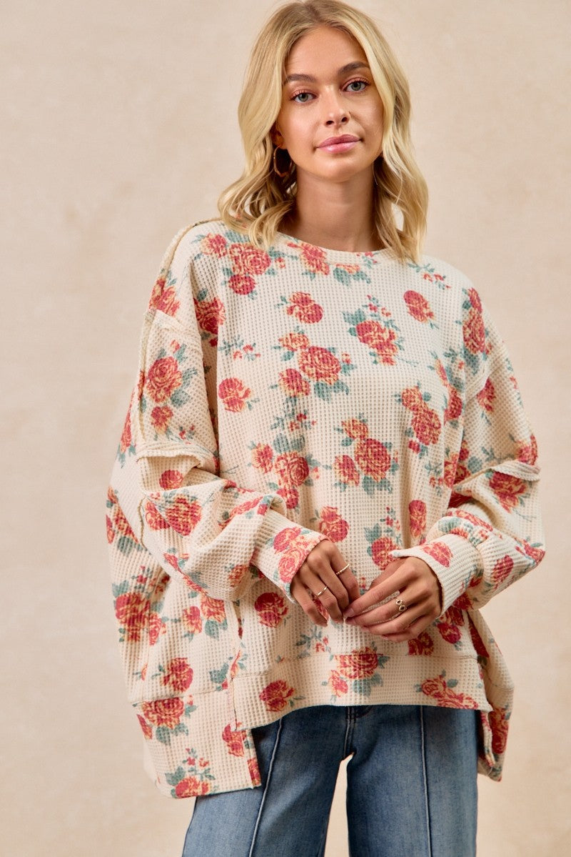 BiBi Floral Print Oversized Waffle Thermal Sweatshirt - cas7m