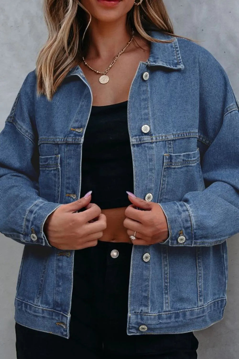Pocketed Button Up Denim Jacket - cas7m